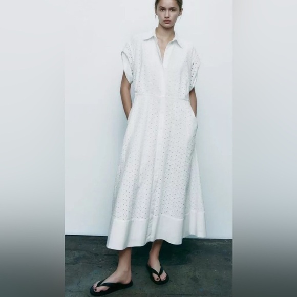 Zara White Midi Dress with Collar 100% Cotton - Picture 2 of 16